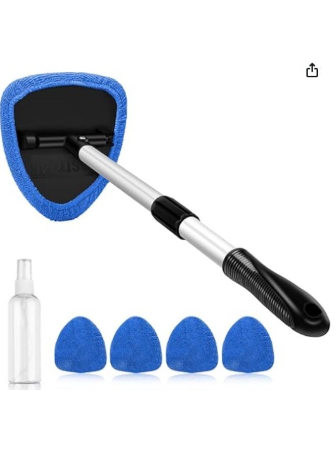 Windshield Cleaner Tool with Extendable Handle, Car Interior Detailing Cleaning Kit, 1 Spray Bottle and 4 Microfiber Pads, Auto Glass Wiper Brush Kit Blue - Image 1
